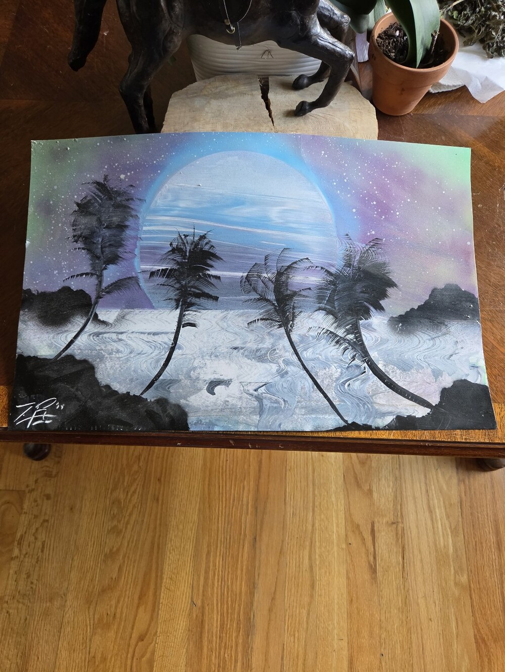 Night Ocean Moonlit Sky Hand Painted Art